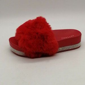 Eettaro Womens Platform Flat Heel Slide Slipper Cushioned Red‎ Faux Fur Sz 6 NEW